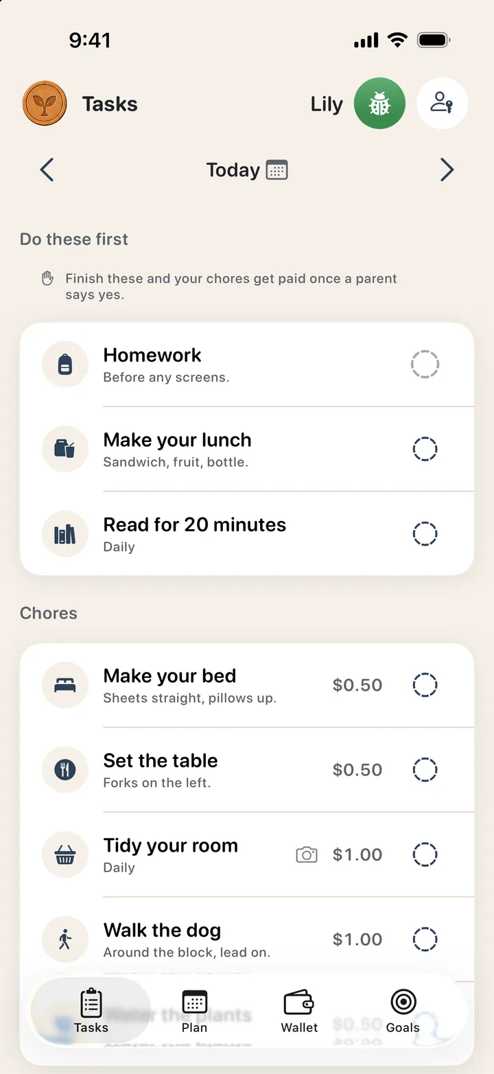 The PennySprout task list, with each chore and what it pays